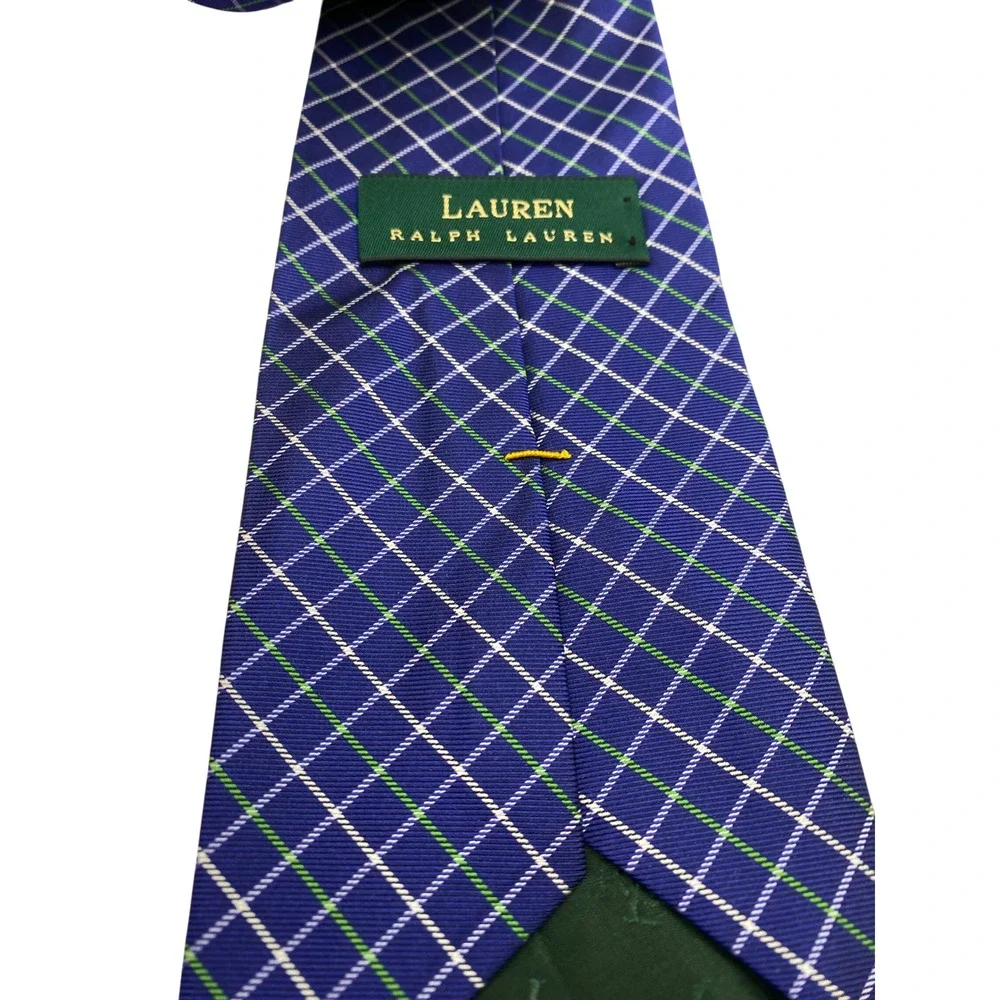 Ralph Lauren Men Blue Green White Plaid Silk Neck Tie Hand Finished Made USA New